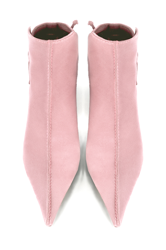 Light pink women's ankle boots with laces at the back. Pointed toe. High spool heels. Top view - Florence KOOIJMAN